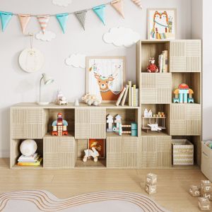 BLANKETSWARM - Biblioth&egrave;que enfant modulable 125X30X60cm, meuble de rangement enfant &agrave; 8 cases, Meuble jouet enfant avec 4 portes sculpt&eacute;es - Naturel