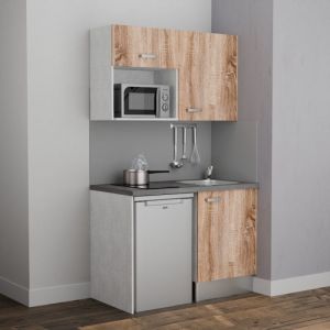 Kitchenette K07L-PT - 120 cm avec plan de travail et &eacute;vier, emplacements frigo et micro-ondes - Fa&ccedil;ade Bois - Plan Gris - Evier Inox - Cr&eacute;dences Non
