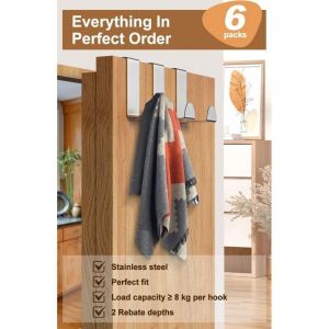 Crochet Porte, 6 Pi&egrave;ces Porte Manteau pour Porte Acier Inox Patere Porte pour Porte Standart, Tiroir, Placard Armoire, pour Cuisine Salle de Bains