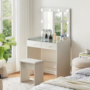 Ensemble de coiffeuse blanche avec miroir à éclairage led hollywoodien, table en verre innovante, 2 grands tiroirs et tabouret, table de maquillage