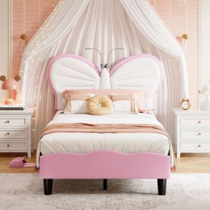 Lit Enfant Rembourr&eacute; 90x190 cm,lit fille 90x190,T&ecirc;te de Lit Papillon R&eacute;glable avec &Eacute;clairage LED de Lecture,velours,rose et blanc
