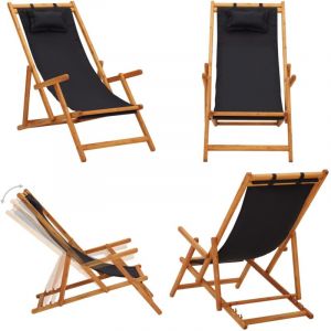 Vidaxl - Chaise pliable de plage bois d'eucalyptus solide et tissu noir - Chaises De Jardin - Chaises De Plage - Mobilier De Jardin - Chaise Pliante