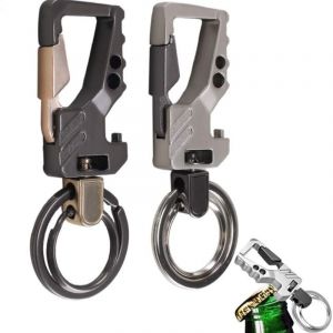 2pcs Hommes Porte-cl&eacute;s Voiture Mousqueton Porte Cl&eacute; D&eacute;capsuleur Metal Porte-Cl&eacute; Ouvre-Bouteille Noire et Argent