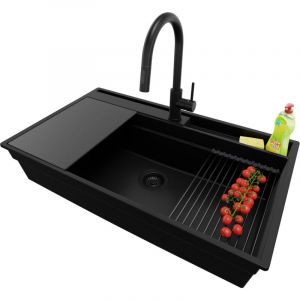 PRIMAGRAN Evier Cuisine en Granit 88x53cm, Lavabo 1 bac + Kit de Vidage + Accessoire, &Eacute;vier &agrave; Encastrer au meuble 90cm - Oslo Pocket, Tout Noir