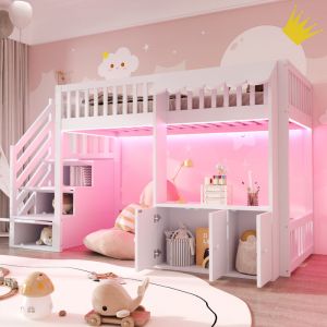 Lit mezzanine 90&times;200 cm, Lit Simple avec Escalier &agrave; Rangements, Coffre et LED Multicolore, sans Matelas, Blanc