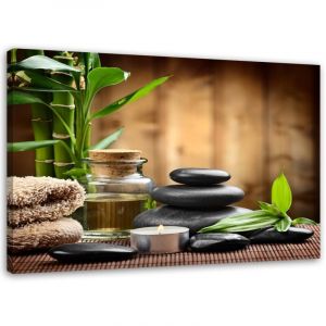 Tableau sur toile, composition zen avec pierres noires et bambou - 60x40
