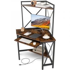 Costway - Bureau d'angle avec &Eacute;tag&egrave;re de Rangement, Bureau Informatique avec 2 Prises de Courant & 2 usb, Plateau pour Clavier, Cadre en M&eacute;tal,
