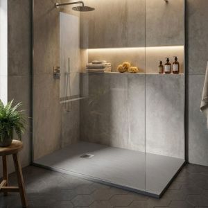 Receveur de douche en r&eacute;sine couleur ciment 70x120 cm avec grille et bonde - Showey
