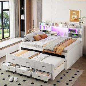 Lit gigogne 140x200cm avec 3 tiroirs et led, lit capitonné canapé-lit extensible avec sommiers, ports usb & Type-C, table de chevet intégrée, lit