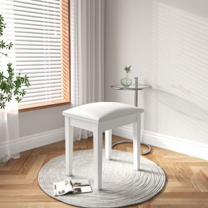 Tabouret de coiffeuse 43x33x45 cm Rembourr&eacute;e Assise Confortable Bois Pi&egrave;tement Blanc Style Baroque