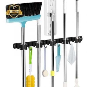 Accroche Balai Mural, 5 Supports + 4 Crochets Noir Porte Balais Mural, Support Balais Mural, Porte Balais Mural Sans Percage, Rangement Balai,