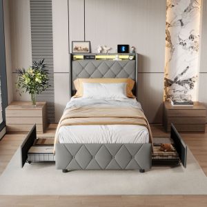 JOOKGBD-Lit Coffre 90x200 cm avec LED et Port USB,Lit Simple Rembourr&eacute; avec Sommier et Rangement et T&ecirc;te de lit,lit adolescent avec tiroirs de