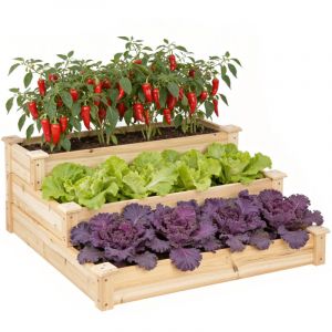 WOLTU Carr&eacute; Potager &agrave; 3 Niveaux, Jardini&egrave;re Sur&eacute;lev&eacute;e avec Fond Ouvert, en Bois, Design en Escalier, 92x92x35 cm