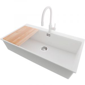 PRIMAGRAN Evier Cuisine en Granit 88x50cm,Lavabo 1 bac + Robinet 38x14cm + Kit de Vidage + Planche &agrave; D&eacute;couper, &Eacute;vier &agrave; Encastrer au meuble 90cm