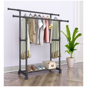 Portant &agrave; V&ecirc;tements Double Porte Manteau sur Roulettes avec &Eacute;tag&egrave;rres &agrave; Chaussures Hauteur R&eacute;glable 150x40x155CM