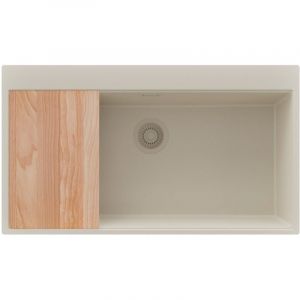 PRIMAGRAN Evier Cuisine en Granit 88x50cm,Lavabo 1 bac + Kit de Vidage + Planche à Découper, Évier à Encastrer au meuble 90cm - Oslo, Beige