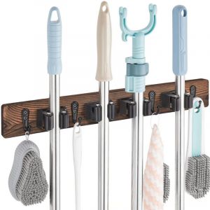 Porte Balais Mural, Accroche Balai Mural avec 4 Supports et 4 Crochets, Support Balais Mural Sans Percage, Rangement Buanderie, Range Outils de Jardin