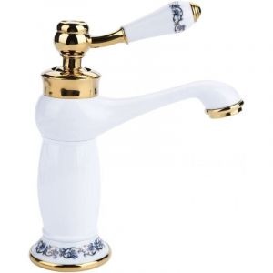 Serbia - or blanc) Mitigeur Robinet Lavabo Laiton Céramique Évier Robinet Noir et Blanc en Porcelaine à Long Cou Vintage Floral avec l'entrée Robinet