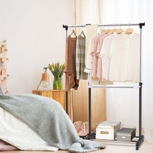 Portant a vetements extensible portant a vetements reglable en hauteur tringle a vetements avec 2 etageres noir
