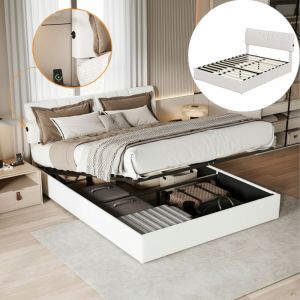 Lit coffre 160x200 cm, 2 places, lit pour adultes avec espace de rangement, ports de recharge USB des deux c&ocirc;t&eacute;s, sommier &agrave; lattes en bois, lit