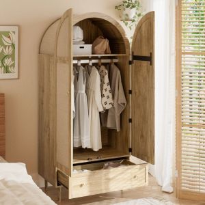 Garde-robe 175 cm, armoire avec 2 portes en tissu, barre et tiroir, Penderie design rustique en finition ch&ecirc;ne, avec pieds en bois, rangement pour