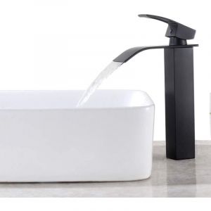 Alovez - Robinet de Salle de Bain Cascade à Levier Unique Noir, Mitigeur de Lavabo Carré Laiton, Haut Mitigeur Vasque à Poser Eau Chaude et Froide