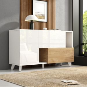 Urban Meuble - Buffet blanc brillant et effet bois 2 niches 2 tiroirs et 1 porte