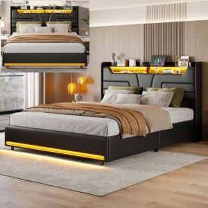 Lit coffre 140x200 cm avec LED, lit double 140x200 cm avec sommier &agrave; lattes, t&ecirc;te de lit avec rangement avec USB, lit 140x200cm Noir