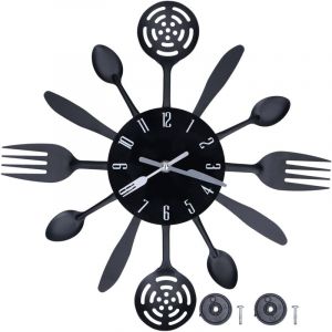 Horloge murale de cuisine noire, couverts modernes amovibles, cuillère de cuisine, fourchette, horloge murale, décoration de maison