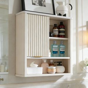 Armoire Murale de Salle de Bain Style Flut&eacute; avec Porte Coulissante, Armoire M&eacute;dicale Moderne avec Plateau Faux Marbre & &Eacute;tag&egrave;re R&eacute;glable, Profil