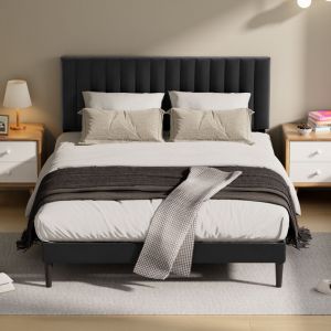 Cadre de lit double 140&times;190cm , lit adulte ,complet avec t&ecirc;te de lit rembourr&eacute;e r&eacute;glable,12 sommier lattes en bois massif,noir