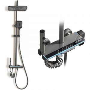 Colonne de Douche avec Eclairage Ambiant,T&ecirc;te Carr&eacute;e et en Gris Titane,Colonne de Douche 4 Jets, Affichage LED,Douchette &agrave; main avec 3 types de