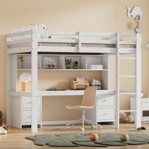 Lit mezzanine 90x200cm, pin, lit enfant avec bureau, rangement ouvert, lit simple, sans matelas, blanc