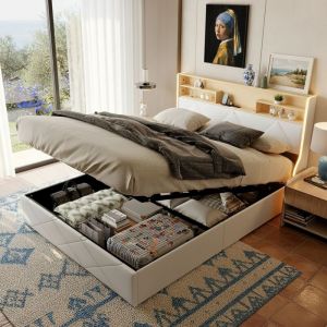 Lit coffre 160x200 cm, 2 places, en cuir PU et bois clair, lit capitonn&eacute; avec t&ecirc;te de lit de rangement, LED et portes USB, sommier &agrave; lattes, cadre en