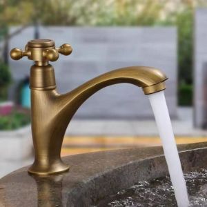 Robinet Salle Bain Robinet de lavabo de Salle de Bain en Laiton Antique, poign&eacute;e crois&eacute;e, contr&ocirc;le de Rotation, Sortie d'eau Froide Unique, robinets