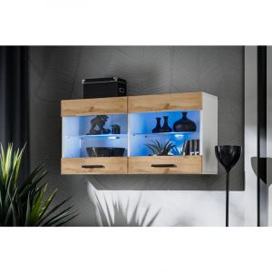 Komodee - Vitrine Armoire Savona, Blanc/Wotan, Largeur 100 cm x Hauteur 50 cm x Profondeur 30 cm, led Bleues, 2 étagères, pour Salon, Chambre,