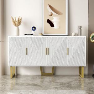 Buffet 150 cm, rectangulaire, avec 4 portes de rangement, design à rayures, pieds en métal, étagères, esthétique scandinave, meubles de salon en bois