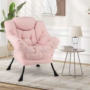 Fauteuil Relax en Sherpa, Fauteuil Salon Design Scandinave avec Appui-tête-Poche Latérale-Patins Antidérapants pour Chambre Salon Bureau, Rose