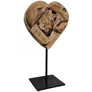 Sculpture h. 28 cm c&oelig;ur en bois de teck et socle m&eacute;tal noir - judith 2