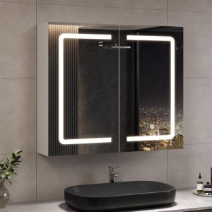 Frhnenha - Armoire Miroir de Salle de Bain avec Éclairage led et Prise, Armoire Miroir avec Étagères Réglables, Blanc, 70x16x60 cm