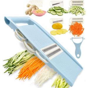 Mandoline 5 en 1 pour la cuisine, coupe-l&eacute;gumes, multi-lames, chips, julienne et &eacute;plucheur pour petits travaux en cuisine, bleu