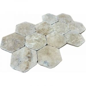 Stone By Stone - Fa&iuml;ence Travertin 1er Choix - Cr&egrave;me - 15x15x1,2cm Hexagone - Vieilli - (1 m&sup2;)