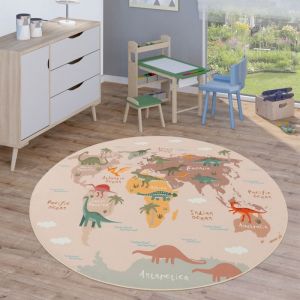 Paco Home - Tapis Enfant Tapis Rond Chambre Enfant Tapis De Jeux Tapis Enfant Route Moderne 160 cm rond, Beige 3