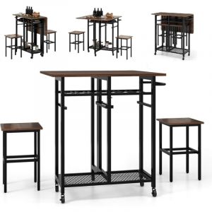 Petite Table à Manger Extensible à roulettes, Ensemble Table et Chaises Encastrables avec Plateau Rabattable, Porte-Bouteilles, Étagère, Table