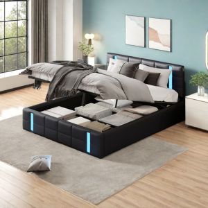 lit 2 Personnes 140x200 avec sommier LED et USB,lit coffre avec tête de lit et rangement sous lit,cadre de lit 140x200 avec sommier à lattes,lit