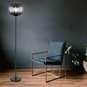 Lampadaire, lampe en verre, luminaire, salon, lampe de lecture, lampadaire, boule en verre fumé, métal noir, 1x douille E27, DxH 30x160 cm