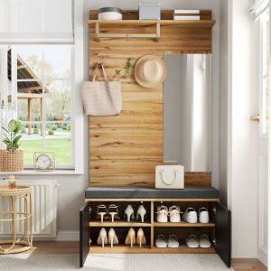 Porte-manteau sur pied, vestiaire compact avec miroir, assise rembourr&eacute;e et meuble &agrave; chaussures, panneaux de particules, 100x190x38 cm, noir