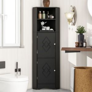 Colonne de salle de bain 36.5x36.5x155 cm, Armoire salle de bain, meuble d'angle avec deux compartiments de rangement, compartiment ouvert, Armoire