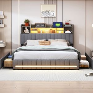 Lit coffre 140x200,lit 140x200 avec 4 tiroirs,lit adulte double avec led réglable,tête de lit avec rangement,chargement usb et Type-c,lin,gris