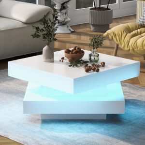 Table basse carr&eacute;e plateau pivotant 360&deg;, avec bande LED, laqu&eacute; blanc, panneau de particules, 70x70x36 cm